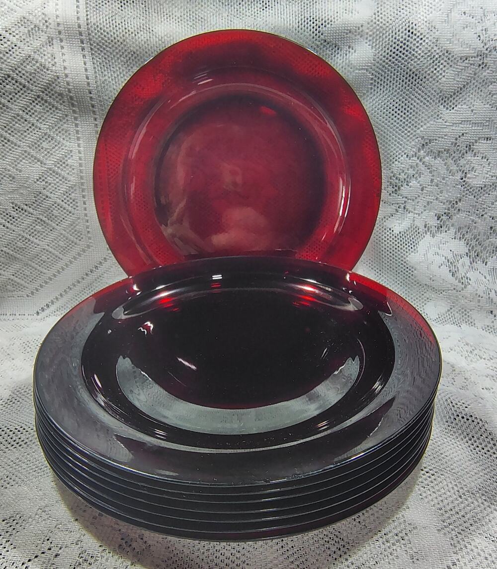 7 Vintage 9" Dinner Plates Anchor Hocking Royal Ruby Red Cranberry Glass